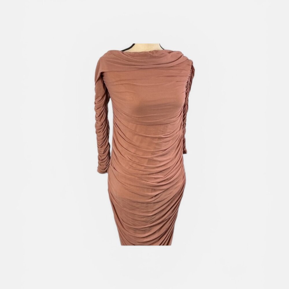 Ruched Bodycon Midi Dress – Long Sleeve – Size Small